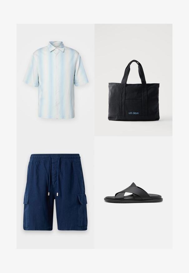 sandro Camisa - bleu; Pantalones cortos cargo azul marino hechos de tela ligera, con una cinturilla elástica y cordón, dos bolsillos laterales y un bolsillo en la pierna.; Stuart Weitzman BERKLEY - Sandalias planas - black; Bolsa tote de lona negra con dos asas, bolsillo frontal y "LES DEUX" bordado en azul en el bolsillo delantero.