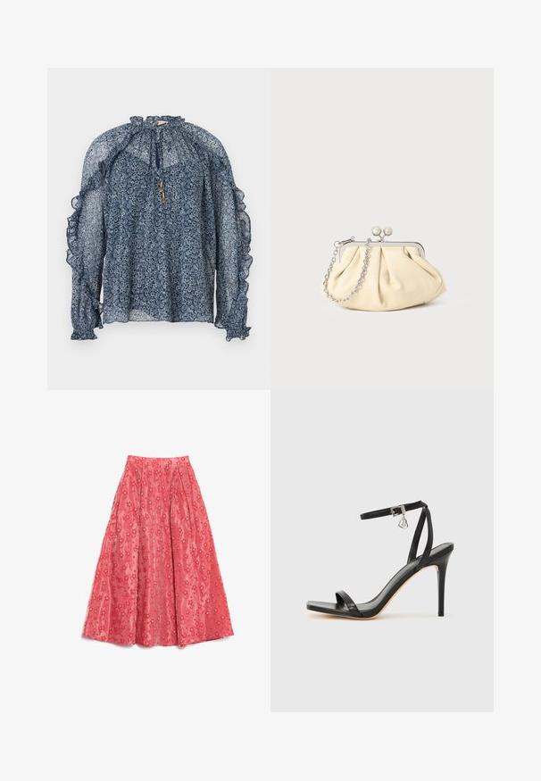 Blusa azul marino translúcida de manga larga con estampado floral, bordes con volantes, cuello alto con abertura y lazos con punta dorada, y puños elásticos.; Falda maxi de coral fluida, hecha de un tejido texturizado, con un patrón floral y pequeños acentos blancos, y pliegues para añadir volumen.; Sandalia de tacón alto negra con una estrecha correa en el tobillo, punta cuadrada, material de cuero liso y detalle de hebilla metálica.; Clutch de cuero beige plisado con un marco de metal plateado, que cuenta con dos broches decorativos redondos y una correa de cadena plateada.
