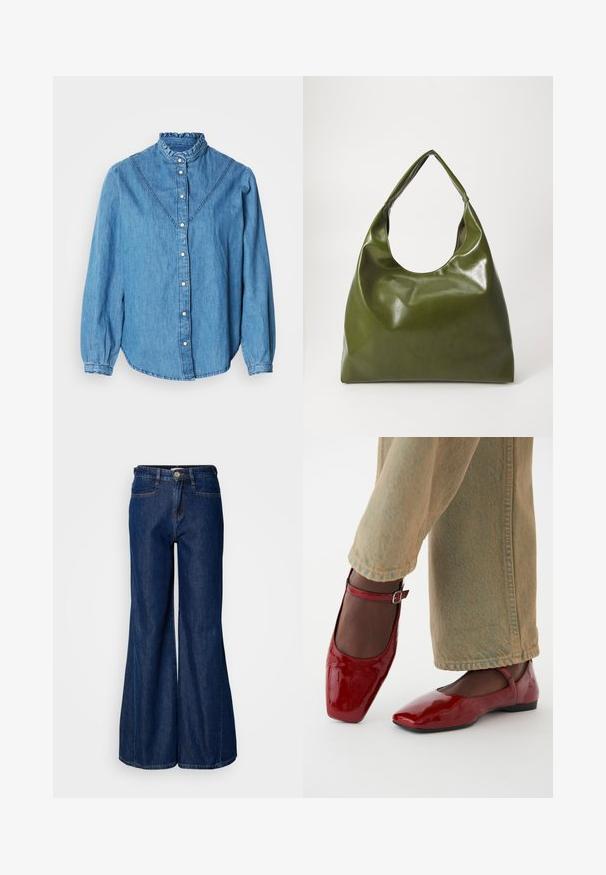 Chemise en denim bleu avec un col montant froncé, une fermeture boutonnée à l'avant et des manches longues. Elle présente des coutures décoratives et un ourlet légèrement arrondi.; Jean en denim foncé à jambe large avec une taille haute, cinq poches et fermeture à bouton en métal. Texture lisse et détails de couture subtils.; Chaussures en cuir verni rouge avec un bout carré, un petit talon et une sangle de cheville, associées à un jean large vert clair. Texture lisse, surface réfléchissante.; Sac hobo en cuir vert au design décontracté, avec une poignée incurvée et une texture lisse. Ne contient aucun matériel ou accent visible.