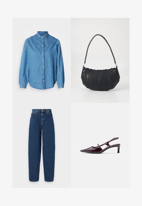 Blå denimskjorte med højt flæsekrave, knaplukning foran og lange ærmer. Har dekorative syninger og en let buet kant.; Mørkeblå denim jeans med høj talje, bred benpasform, fem-lomme design og kontrasterende syninger. Klassisk lynlås og knaplukning.; Bordeaux laklæder slingback-sko med spids tå, lav hæl og dobbelte justerbare spænderem.; Sort læderhåndtaske med en buet form, bølgende syningsdetaljer og en sølvfarvet kædestrop. Glat tekstur, kompakt størrelse.