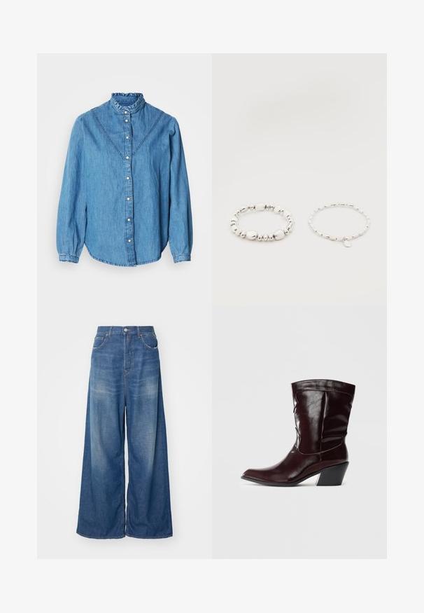 Chemise en denim bleu avec un col montant froncé, une fermeture boutonnée à l'avant et des manches longues. Elle présente des coutures décoratives et un ourlet légèrement arrondi.; Jeans en denim bleu à taille haute avec jambes larges, dotés de poches avant, d'une fermeture à bouton et de détails de décoloration pour un aspect usé.; Bottines en cuir bourgogne avec un bout pointu, une surface texturée et un petit talon effilé. Présente une couture discrète et un ajustement confortable.; Deux bracelets de perles argentées sur fond blanc ; l'un avec des perles irrégulières et l'autre avec des perles uniformes et un petit charme en forme de goutte.