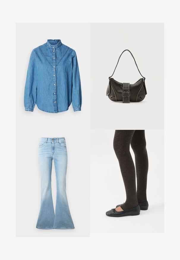 Blå denimskjorte med højt flæsekrave, knaplukning foran og lange ærmer. Har dekorative syninger og en let buet kant.; Lyseblå flagrende jeans lavet af denim. Har høj talje med to knapper og let blegning mod kanten. Klassisk fem-lomme design.; Ben iført mørke ribbede leggings kombineret med sorte balletsko med små sløjfedetaljer på hvid baggrund.; Sort læder skuldertaske med spænde på remmen, afrundede kanter og kontrasterende hvide syninger på en ensfarvet baggrund.