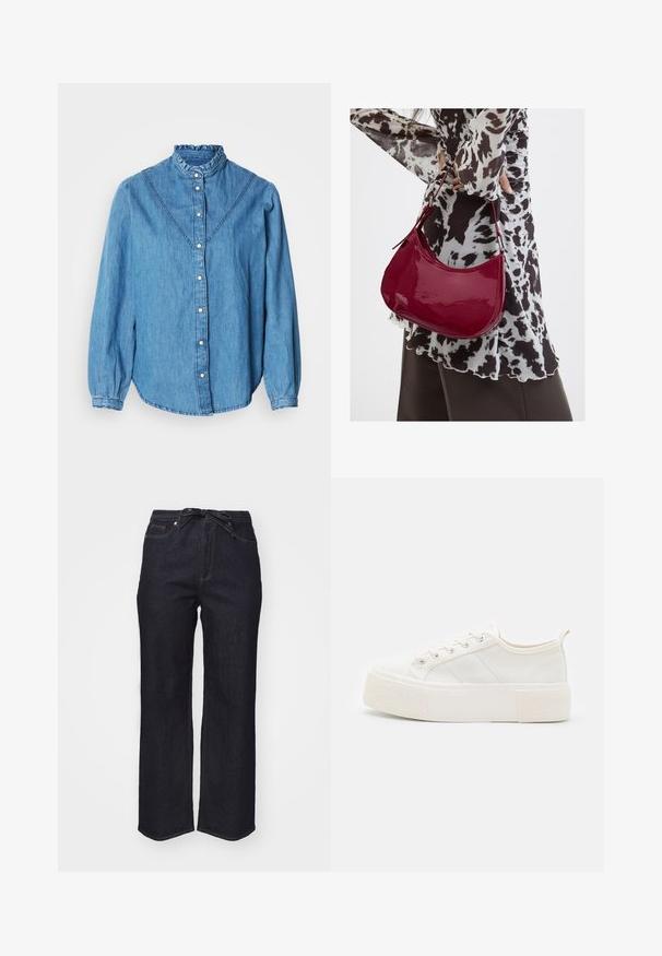 Blå denimskjorte med højt flæsekrave, knaplukning foran og lange ærmer. Har dekorative syninger og en let buet kant.; Mørkeblå denimbukser med høj talje, vide ben og et bælte med sløjfe. Har standard syninger og en pæn kant.; Hvide kanvas sneakers med en struktureret, kraftig sål, der har flade snørebånd, sidelaner og en hælflap for nemt at tage dem på.; Kvinde iført en sort- og hvidmønstret bluse, der holder en blank rød skuldertaske mod en ensfarvet baggrund.