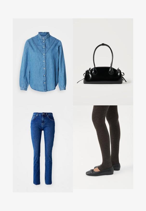Blaues Denimhemd mit einem gerafften hohen Kragen, Knopfleiste vorne und langen Ärmeln. Mit dekorativen Nähten und einem leicht geschwungenen Saum.; Blaue Jeans aus Denim mit schmaler Passform, hohem Bund, geraden Beinen und gesteppten Details. Verfügt über einen Knopf- und Reißverschluss. Keine zusätzlichen Verzierungen.; Beine in dunklen, gerippten Leggings kombiniert mit schwarzen Ballerinas mit kleinen Schleifendetails auf weißem Hintergrund.; Kleine schwarze glänzende Handtasche mit zwei langen Griffen und seitlichen Kordelzug-Details vor einfachem hellem Hintergrund.