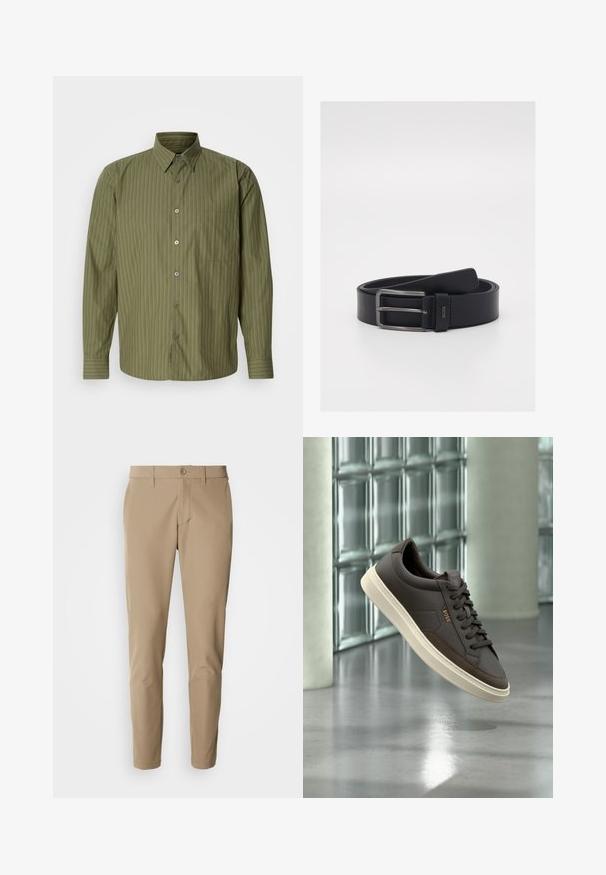 Chemise à manches longues olive avec boutons, ornée de fines rayures verticales et d'une poche poitrine, sur fond blanc uni.; Pantalons beiges en tissu lisse avec une coupe droite, dotés d'une fermeture à bouton et de poches avant, accompagnés de passants de ceinture.; Baskets en cuir marron avec semelle blanche et lacets blancs, marquées "BOSS", présentées flottant à l’intérieur près d’un mur en blocs de verre et d’un sol lisse.; Ceinture en cuir noir présentant un design épuré, une boucle en métal argenté et une texture lisse. Détail du logo près de la boucle.
