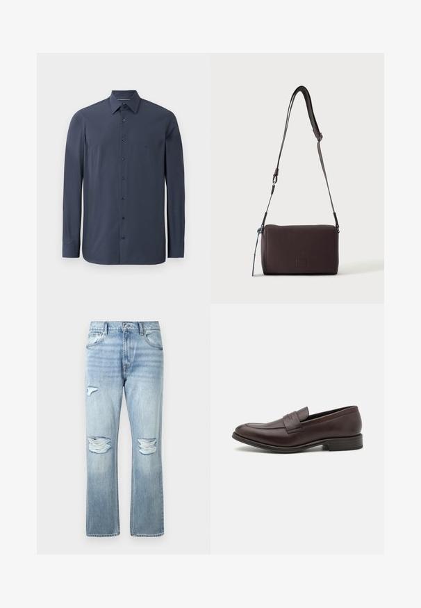 Mørkeblå langærmet skjorte lavet af glat stof, med krave der lukkes med knapper og sorte knapper langs fronten. Subtil strukturdetaile synlig.; Lysblå denim jeans med slidte huller på begge knæ og et lille hul på den øverste venstre lår, klassisk fem-lomme stil.; Brun læderloafer med en glat overflade, syet detalje på tåen og en lav stablet hæl. Minimalistisk design uden synlig branding.; Mørkebrun textured læder crossbody taske med justerbar rem og lille dekorativ blå accent på siden.