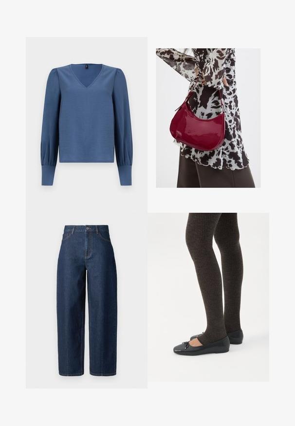 Blouse bleu à col en V avec de longues manches ballon et un tissu doux et texturé. Présente des poignets ajustés et une coupe décontractée.; Jeans en denim bleu foncé taille haute, à jambe droite, avec fermeture à boutons, passants de ceinture, et poches avant et arrière, sur fond blanc.; Jambes portant des leggings côtelés foncés associés à des ballerines noires avec de petits détails en nœud sur fond blanc.; Femme portant un chemisier à motif noir et blanc tenant un sac à main rouge brillant sur un fond uni.
