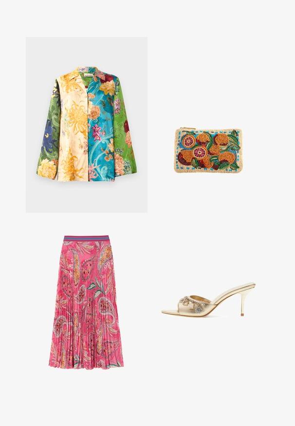 Veste chemise florale multicolore à manches longues, présentant un mélange de teintes jaunes, vertes, bleues et violettes. Le tissu a une texture lisse et une brillance.; Jupe plissée rose avec des motifs floraux et cachemire, dotée d'une taille à rayures turquoise contrastantes. Fabriquée en tissu léger.; Mule dorée à talon haut et bout ouvert, décorée de petites chaînes et breloques, dont une perle, une fleur et un pendentif rectangulaire.; Pochette rectangulaire beige perlée avec fruit orange, feuilles vertes et accents bleus brodés en perles colorées.