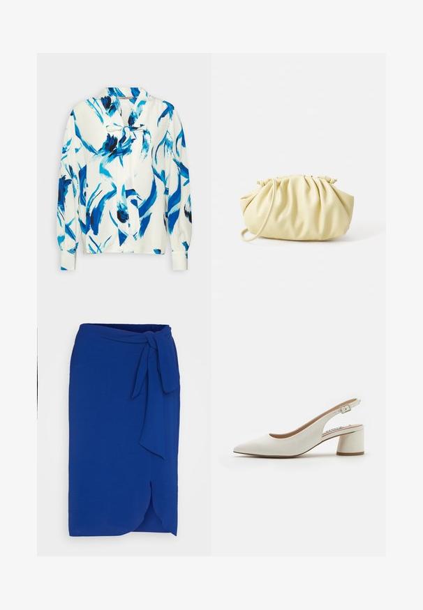 Anna Field by Zalando Skjortebluser - white, blue; Blå indpakningskjole lavet af letvægtsstof, med en bindelukning i taljen, en asymmetrisk bundkant og en glat tekstur.; Hvide læder slingback pumps med spids tå, mellemhøj blokhæl og justerbar rem. Glat tekstur; minimalistisk design.; Gul plisseret håndtaske lavet af glat kunstlæder, med en blød form, en enkelt skulderrem og samlet topdesign.