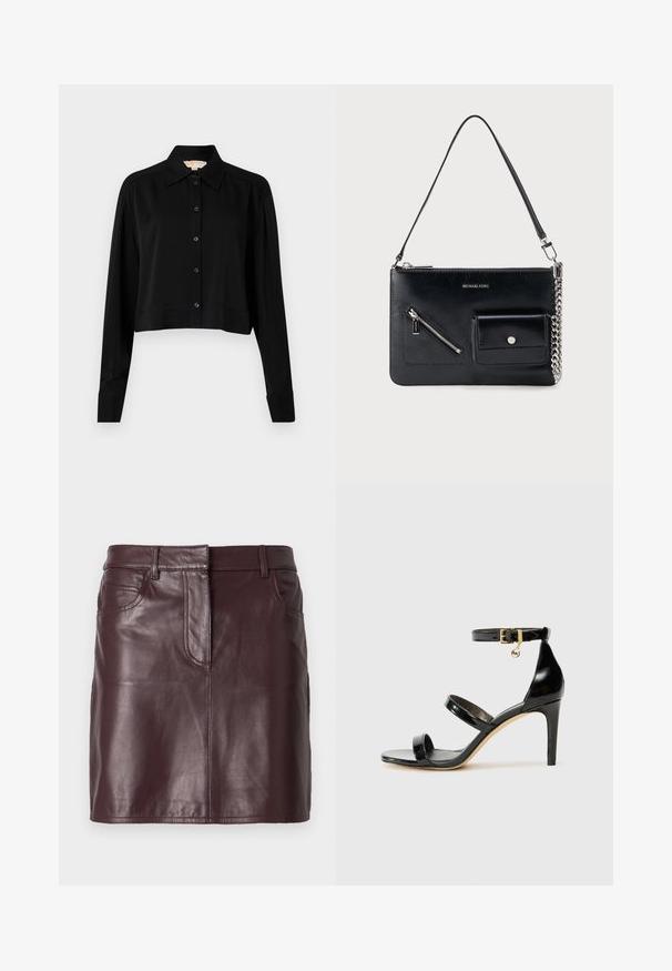 Zwarte cropped shirt met lange mouwen, een spitse kraag en een knoopsluiting aan de voorkant. Gemaakt van soepele stof met een ontspannen pasvorm en manchet-mouwen.; Bordeauxrode leren mini rok met een gladde textuur, zakken aan de voorkant en lussen voor een riem. Kenmerkt zich door strakke lijnen en een eenvoudig ontwerp.; Zwarte gepatineerde leren sandaal met drie banden, enkelgesp en 10 cm hoge stiletto hak. Bevat gouden hardwaredetails en een logo charm.; Zwarte leren schoudertas van Michael Kors met een bovenste rits, een diagonale voorzak met rits, een klepzak met drukknop en een zilverkleurig kettinkdetail.