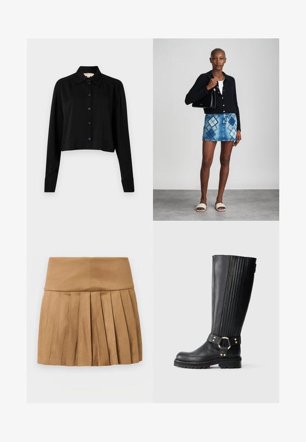 Chemise noire courte à manches longues, col pointu et fermeture par boutons. Fabriquée en tissu lisse avec une coupe décontractée et des manches à poignets.; Jupe plissée beige en tissu lisse légèrement brillant. Dotée d'une taille haute et de plusieurs plis verticaux le long de l'ourlet.; Botte en cuir noire jusqu'au genou avec des côtes élastiques, semelle crantée, et bande décorative avec un anneau en métal doré et des rivets.; Un cardigan en maille noir, un haut blanc, une jupe en denim avec un motif de diamants bleus et noirs, un sac à main noir et des sandales à enfiler beiges.