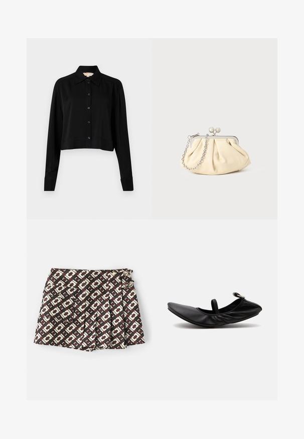 Sort cropped skjorte med lange ærmer, spidse krave og knaplukning foran. Fremstillet af glat stof med en afslappet pasform og manchetærmer.; Mærkevarer shorts med et brunt og cremefarvet geometrisk mønster, to sidelommer og guldfarvede detaljer. Stof med en glat tekstur.; Sort foldet læder balletsko med en enkelt rem og sølvspænde på en ensartet lys baggrund.; Plisseret beige læderclutch med en sølvmetalramme, der har to runde dekorative låse og en sølvkædetrasporte.