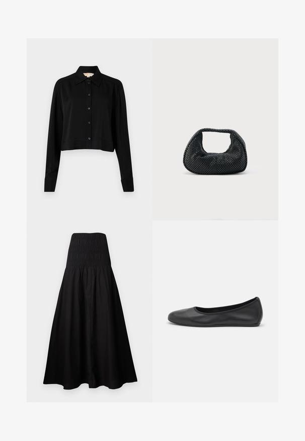 Chemise noire courte à manches longues, col pointu et fermeture par boutons. Fabriquée en tissu lisse avec une coupe décontractée et des manches à poignets.; Robe midi noire sans bretelles avec corsage froncé ajusté et jupe évasée, en tissu léger.; Ballerines en cuir noir avec un bout rond, texture lisse, détails de couture minimalistes et design de semelle flexible.; Sac hobo tissé noir avec une structure souple et une poignée intégrée, présenté sur un fond clair uni.