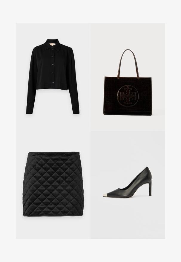 Sort cropped skjorte med lange ærmer, spidse krave og knaplukning foran. Fremstillet af glat stof med en afslappet pasform og manchetærmer.; Sort quiltet miniskirt lavet af blødt stof, med et diamantmønster, lige pasform og en skjult sidelomme.; Sort læder højhælet sko med spids tå og metal-sølv hætte. Har en glat finish og en slank hæl på 10 cm.; Mørkebrun læder tote taske med krokodillemønster og et stort, cirkulært præget logo på fronten, der har to håndtag.