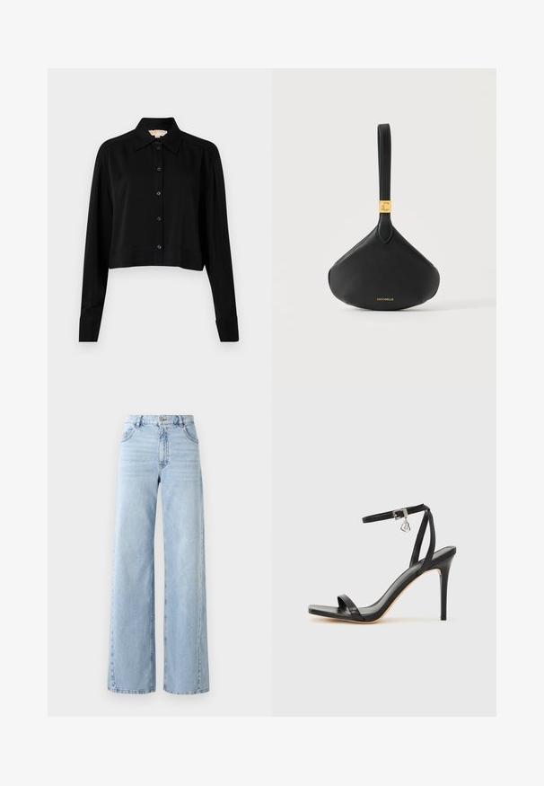 Must must shirt, mille pikkade varrukatega, terava kraega ja nööpidega esiosas. Valmistatud siledast kangast, millel on mugav lõige ja mansetiga varrukad.; Laiad heledad sinised denim püksid kõrge valmistusega, viie taskuga ja pleekinud tekstuuriga. Omavad õmbluse detaile ja sirget lõiget allääres.; Mustad kõrge kontsaga sandaal kitsaste pahkluu rihmadega, kandilise varbaosaga, siledast nahast ning metallist pandla aktsendiga.; Mustast nahast randmekott kolmnurkse kujuga, kulla värvi metallist logomärgise ja eemaldatava rihmaga, Coccinelle poolt.