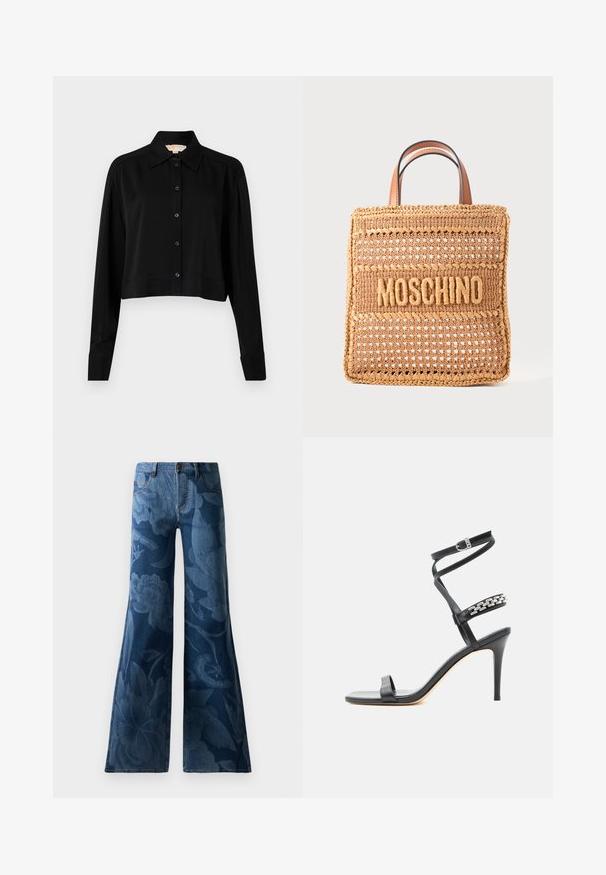 Sort cropped skjorte med lange ærmer, spidse krave og knaplukning foran. Fremstillet af glat stof med en afslappet pasform og manchetærmer.; Bukser i mørkeblåt denim med udvidet ben i bunden, prydet med en tonal blomsterprint. Standard fem-lomme design med en frontknap og lynlås.; Sort højhælet sandal med tynd ankelrem, midtfodsrem dekoreret med sølvkædeled og åben tå-design.; Kvadratisk tan vævet tote-taske med flettede kanter, to læderhåndtag og "MOSCHINO" broderet på forsiden.