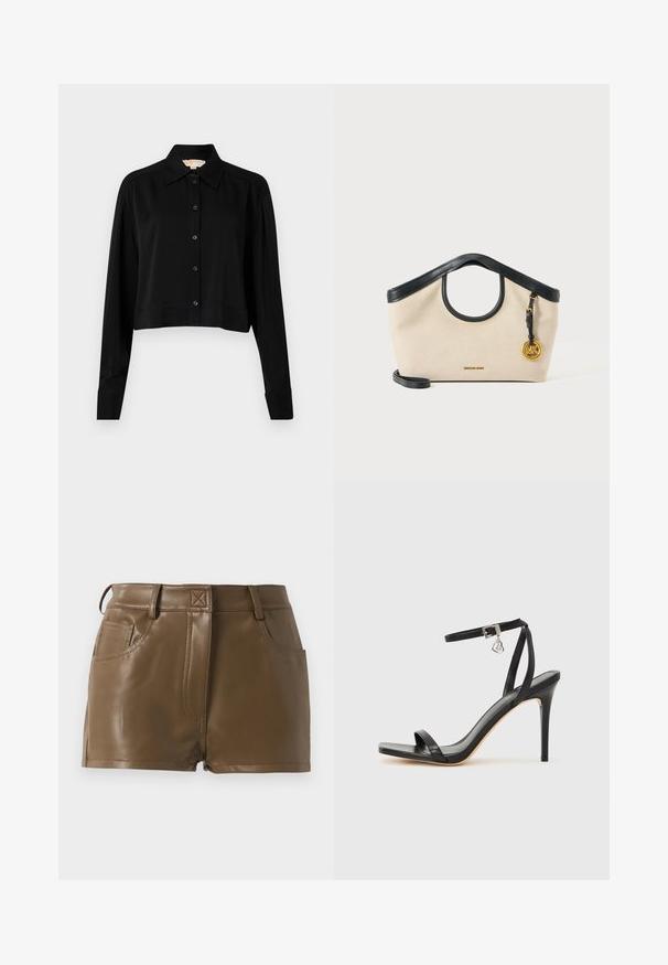 Sort cropped skjorte med lange ærmer, spidse krave og knaplukning foran. Fremstillet af glat stof med en afslappet pasform og manchetærmer.; Brune imitation lædershorts med et tætsiddende design, talje med bæltestropper, forlommer og synlige sømdetaljer.; Sort hæl-sandal med smal ankrem, firkantet tå-boks, glat lædermateriale og metalspænde som pynt.; Beige stofhåndtaske med sort læderkant, cirkulært håndtag-udskæring, sort rem og gylden rund MK-logo vedhæng på højre side.