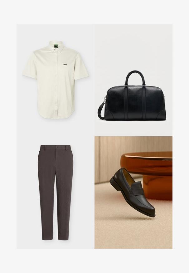 Chemise blanche à manches courtes avec boutons-pression, col boutonné, logo "BOSS" noir sur la poitrine, et étiquette verte à l'intérieur du col.; Pantalon slim fit marron foncé avec passants de ceinture, fermeture devant avec bouton et zip, présenté sur un fond blanc uni.; Mocassin en cuir noir à talon bas flottant au-dessus d'un sol moquetté beige près d'une table ronde marron.; Sac de voyage en cuir noir avec deux poignées supérieures, bandoulière amovible et petit logo "Hugo" centré près de la fermeture éclair supérieure.