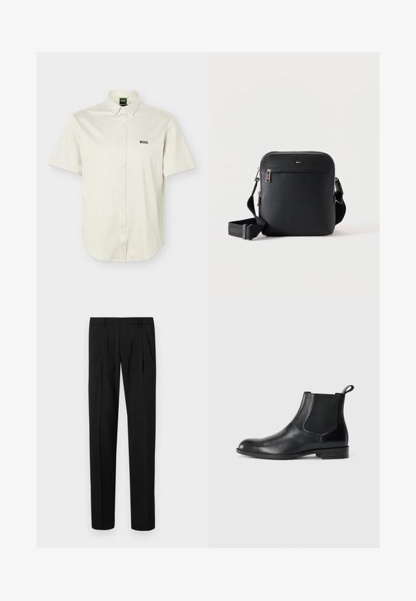 Camisa blanca de manga corta con botones, cuello abotonado, logo negro "BOSS" en el pecho y etiqueta interior del cuello verde.; Pantalones negros de tejido estructurado, con pliegues en la parte delantera, cierre de botón, trabillas para cinturón y un diseño de pierna recta.; Botín negro de cuero hasta el tobillo con paneles elásticos a los lados, punta redondeada y lengüeta. Textura suave, suela plana, diseño minimalista.; Bolso bandolera de cuero negro con bolsillo delantero con cremallera y correa ajustable sobre un fondo blanco liso.