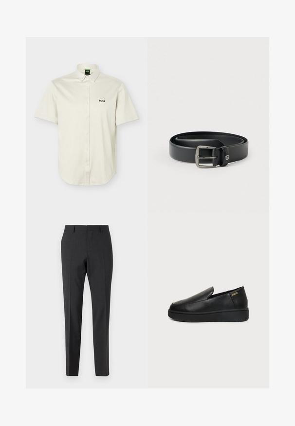 Camisa blanca de manga corta con botones, cuello abotonado, logo negro "BOSS" en el pecho y etiqueta interior del cuello verde.; Pantalones tailored en gris oscuro con una textura suave, de corte ajustado, frente plano y pasadores para cinturón, diseñados para atuendos formales o de negocios.; Zapato de cuero negro tipo slip-on con suela gruesa y pequeños orificios de ventilación laterales, con el logo dorado de "HUGO" cerca del talón.; Cinturón de cuero negro con hebilla metálica plateada brillante, textura suave y bordes cosidos. Cuenta con una trabilla para asegurar el extremo del cinturón.