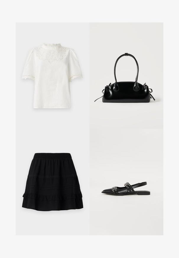 Top blanco de manga corta con un alto collar de encaje, que presenta intrincados bordados florales y detalles de dobladillo en forma de concha, fabricado en una tela ligera.; Falda de algodón negra con un diseño de volantes en capas, que presenta una cintura elástica y adornos de costuras en contraste y bandas de encaje.; Even&Odd by Zalando Bailarinas con tira trasera - black; Pequeño bolso negro brillante con dos asas largas y detalles de cordón lateral sobre un fondo claro liso.