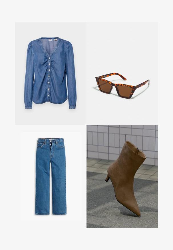 Blouse en denim, bleue, décolleté en V avec manches bouffantes, fermeture à boutonnage sur le devant, détails froncés au niveau de la poitrine, texture lisse, ourlet arrondi.; Jeans en denim bleu à jambe droite avec une taille haute, design à cinq poches et zip à bouton. Couture visible et rivets en ton cuivre.; Bottine en daim marron avec un bout pointu, fermeture éclair et talon stiletto bas, présentée sur un fond texturé.; Lunettes de soleil teintées de brun avec un motif écaille de tortue, monture angulaire et branches fines. Matériau en plastique léger.
