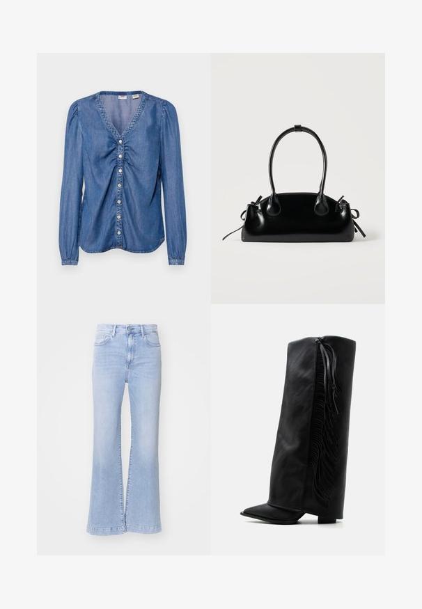 Denim blouse, sinine, V-kaelus, puff-sleeved, nööpidega esikülg, kokku kogutud detail rinnal, sile tekstuur, kõver hem. ; Heledad sinine pükste taskudega, kõrge vöökoht, denimi tekstuur ja nupuga sulgur. Puhtad äärised all.; Mustast nahast põlvekõrgune saabas terava varbaosaga ja dekoratiivse narmastega välisküljel, lihtsa valge taustaga.; Väike must läikiv käekott kahe pika sangaga ja külgedel paelakinnitustega, ühel lihtsal helel taustal.