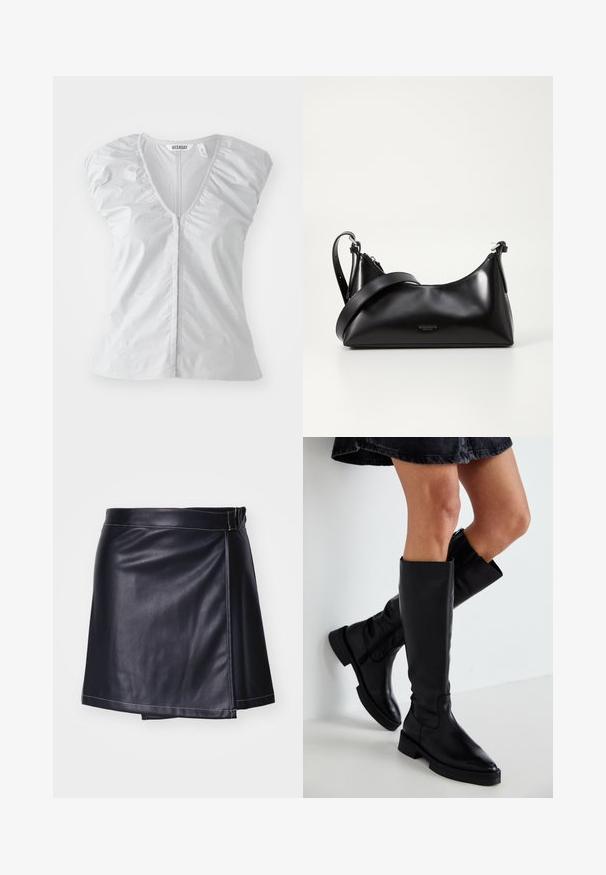 Blouse courte à manches courtes de couleur gris clair avec un décolleté en V profond. Dispose de détails froncés aux épaules et d'un ourlet droit, fabriquée à partir d'un tissu doux et lisse.; Jupe mini en cuir noir avec un design enroulé, présentant une texture lisse, des accents de couture blanche et une taille cintrée.; Bottes noires en cuir montantes avec un bout pointu, une semelle plate et des coutures minimales. Texture lisse et design simple sans ornement.; Sac à main en cuir noir avec une texture lisse. Dispose d'une bandoulière adjustable et d'un design élégant et minimaliste avec une fermeture éclair.