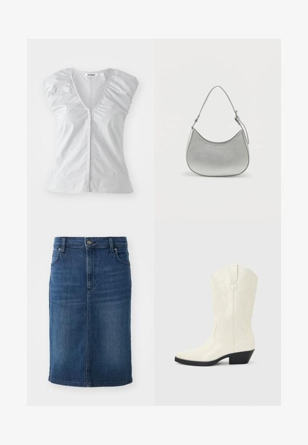 Blusa corta de manga corta en gris claro con un profundo escote en V. Presenta detalles de hombros fruncidos y un dobladillo recto, fabricada con un tejido suave y liso.; Falda lápiz de mezclilla en azul oscuro, con tejido de color sólido, corte a media altura, presillas para cinturón y bolsillos frontales con cierre de cremallera.; Bota blanca de estilo occidental hasta la mitad de la pantorrilla, con punta puntiaguda, tacón apilado negro, costuras decorativas y tira para tirar en el eje.; Bolso de mano de imitación cuero plateado con forma curva, correa corta ajustable y textura suave, que presenta un detalle de costura minimalista.
