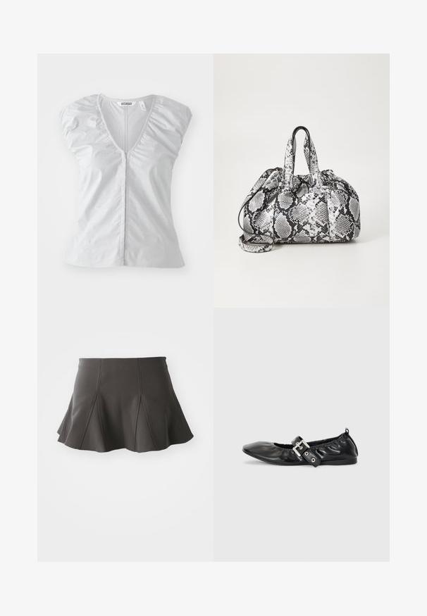 Blouse courte à manches courtes de couleur gris clair avec un décolleté en V profond. Dispose de détails froncés aux épaules et d'un ourlet droit, fabriquée à partir d'un tissu doux et lisse.; Jupe noire évasée avec une taille ajustée, présentant des coutures verticales et une texture lisse. L'ourlet est légèrement incurvé et se situe au-dessus de mi-cuisse.; Chaussure plate en cuir noir avec un nez pointu, des détails froncés autour de l'ouverture et un accent en boucle argentée sur la bride ajustable.; Sac à main en motif peau de serpent noir et blanc avec deux poignées, une fermeture à cordon et une bandoulière amovible. Texture lisse.