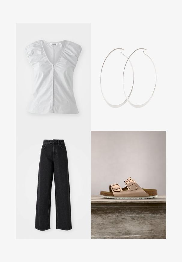 Lichtgrijze blouse met korte mouwen en een diepe V-hals. Heeft gathered schouderdetails en een rechte zoom, gemaakt van zachte, gladde stof.; Zwarte high-waisted wide-leg jeans van denim, met een klassiek vijf-pocket ontwerp en subtiele stikdetails.; Roze-gouden slidersandalen met twee verstelbare metalen gespen, kurken voetbed en witte rubberen zool. Gladde metalen afwerking, open teen ontwerp.; Zilveren oorringen met een dun, glad ontwerp; langwerpige ovale vorm; gepolijste afwerking; voorzien van een veilige haaksluiting.
