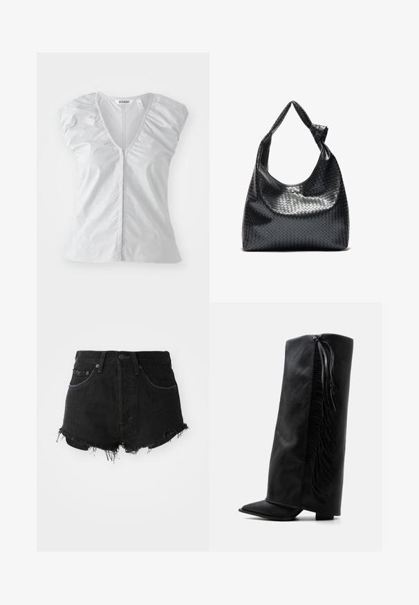 Light grey short-sleeve blouse with a deep V-neck. Features gathered shoulder details and a straight hem, made from soft, smooth fabric.; Black denim shorts with a frayed hem, classic five-pocket design, and metal button closure. Features a high waist and distressed texture.; Black leather knee-high boot with pointed toe and decorative fringe along the outer side against a plain white background.; Black woven leather handbag with a slouchy design, featuring a knotted strap and a small decorative gold stud at the top.