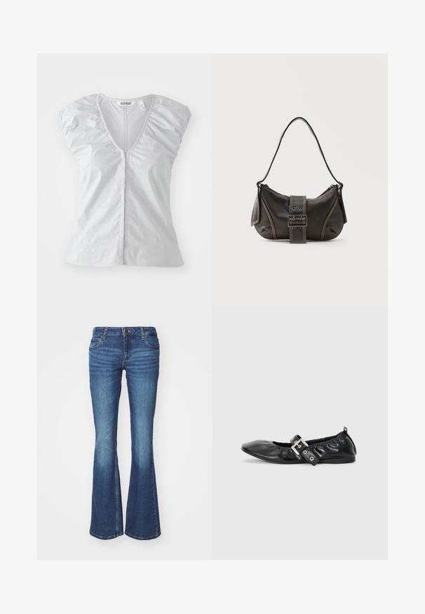 Lichtgrijze blouse met korte mouwen en een diepe V-hals. Heeft gathered schouderdetails en een rechte zoom, gemaakt van zachte, gladde stof.; Flared jeans in middelblauwe denim. Voorzien van een rits met een metalen knoop, twee zijzakken en vervagingdetails bij de knieën.; Zwarte leren platte schoen met een spitse neus, geplooide details rond de opening en een zilveren gespaccentueerde verstelbare band.; Zwarte leren schoudertas met gespsluiting aan de riem, afgeronde hoeken en contrasterende witte stiksels op een effen achtergrond.
