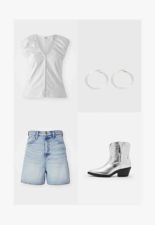 Hellgraue Kurzarmbluse mit tiefem V-Ausschnitt. Verfügt über geraffte Schulterdetails und einen geraden Saum, gefertigt aus weichem, glattem Stoff.; Hellblaue Denim-Shorts mit hoher Taille, fünf Taschen, Knopfverschluss und fransigem Saum. Glatte Textur mit verblassten Bereichen.; Silberne Leder-Cowboystiefel mit spitz zulaufender Zehenpartie, gestickten Details am Schaft und einem moderaten schwarzen Absatz. Glatte und glänzende Oberfläche.; Paar glänzende silberne Creolen mit dünnen Drahtverschlüssen, dargestellt vor einem hellgrauen Hintergrund.
