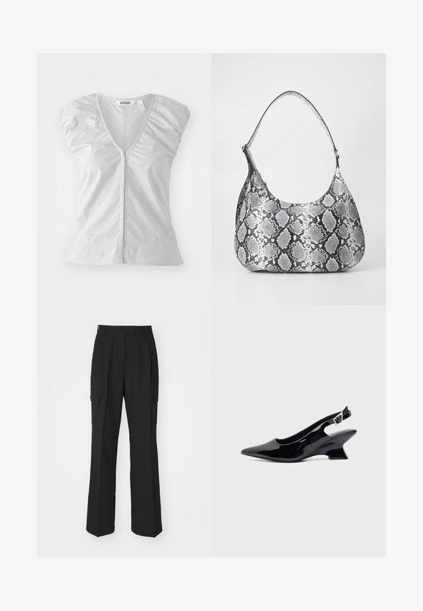 Blusa corta de manga corta en gris claro con un profundo escote en V. Presenta detalles de hombros fruncidos y un dobladillo recto, fabricada con un tejido suave y liso.; Pantalones cargo negros con un diseño de pierna recta, fabricados en un material suave. Presenta dos bolsillos laterales y una cinturilla limpia.; Zapato slingback de cuero charol negro con puntera puntiaguda y tacón bajo en bloque inclinado sobre fondo claro liso.; Bolso de hombro con estampado de serpiente en blanco y negro, de forma redondeada, textura suave y correa curvada. Presenta un acento de hardware plateado.