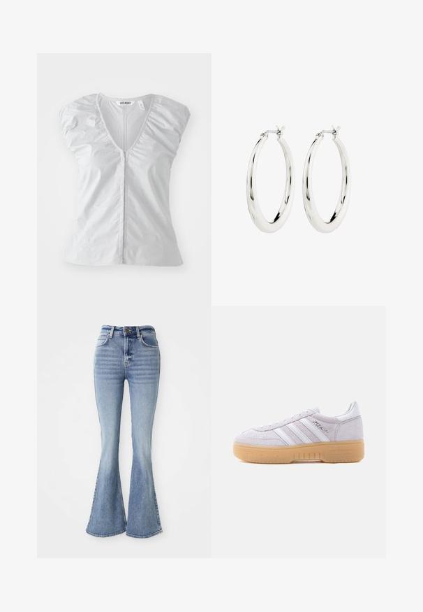 Lichtgrijze blouse met korte mouwen en een diepe V-hals. Heeft gathered schouderdetails en een rechte zoom, gemaakt van zachte, gladde stof.; Lichtblauwe high-waisted denim jeans met uitlopende pijpen, een knoop aan de voorkant en zakken, gepresenteerd op een witte achtergrond.; Witte suède Adidas sneaker met gumzool, drie witte strepen en de tekst "Spezial" aan de zijkant, gezien vanaf de binnenzijde.; Zilveren oorbellen in de vorm van een gladde, glanzende ring. Circulaire vorm, voorzien van een veilige sluiting. Eenvoudig en elegant ontwerp.
