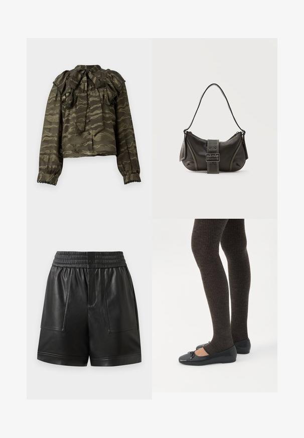 Donkergroene blouse met gerimpelde kraag, lange mouwen en knoopsluitingen. Bevat golvende gouden patronen en decoratieve gegolfde accenten bij de manchetten.; Zwarte neplederen shorts met elastische tailleband, voorste drukknoop, grote voorzakken en rechte zoom.; Benen met donkere geribbelde leggings gecombineerd met zwarte ballerina's met kleine strikdetails op een witte achtergrond.; Zwarte leren schoudertas met gespsluiting aan de riem, afgeronde hoeken en contrasterende witte stiksels op een effen achtergrond.