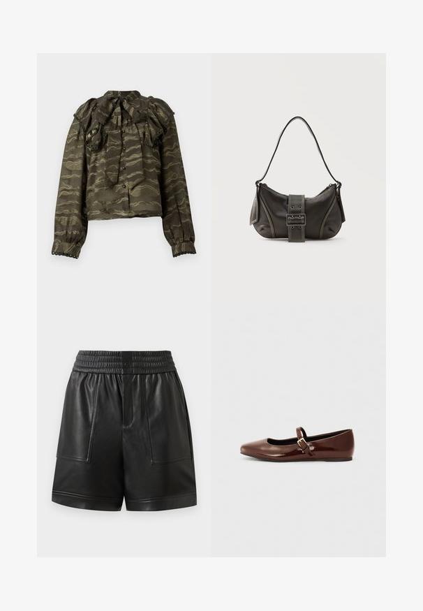 Donkergroene blouse met gerimpelde kraag, lange mouwen en knoopsluitingen. Bevat golvende gouden patronen en decoratieve gegolfde accenten bij de manchetten.; Zwarte neplederen shorts met elastische tailleband, voorste drukknoop, grote voorzakken en rechte zoom.; Bruine gepatineerde leren balletschoen met een vierkante neus en een bandje met een kleine gouden gesp. Gladde textuur, lage hak en minimalistisch ontwerp.; Zwarte leren schoudertas met gespsluiting aan de riem, afgeronde hoeken en contrasterende witte stiksels op een effen achtergrond.