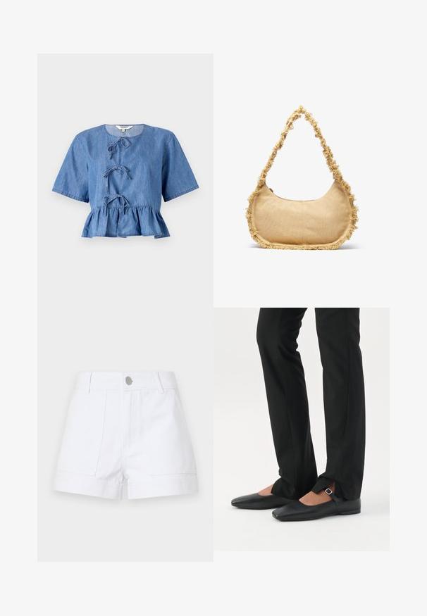 Blauwe denim blouse met korte mouwen, ronde hals, knoopsluiting aan de voorkant en een peplumzoom. Soepele textuur met een casual ontwerp.; Witte denim short met een hoge taille, twee voorzakken en een zilveren knoopsluiting. Recht model met omgeslagen randen.; Benen met zwarte smalle broek met voorsplitten aan de zoom, gecombineerd met zwarte platte Mary Jane-schoenen met een klein gespje.; Geverfde beige tas met een ronde vorm, rafelige rand langs de randen en een korte schouderband. Ritsopening aan de bovenkant.