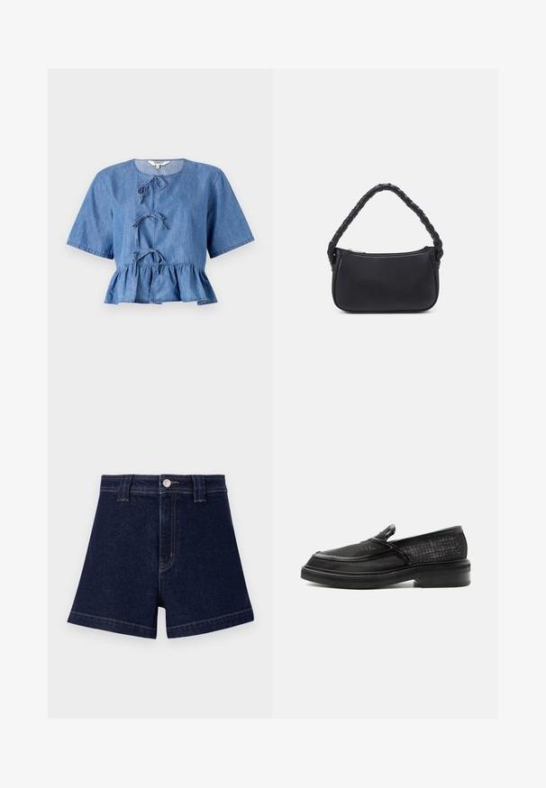 Blauwe denim blouse met korte mouwen, ronde hals, knoopsluiting aan de voorkant en een peplumzoom. Soepele textuur met een casual ontwerp.; Donkerblauwe denim short met een klassieke snit, vijf-pocket ontwerp en contrasterende gele stiksels met een metalen knoopsluiting.; Zwarte slip-on loafer met gestructureerd leren bovenwerk en dikke zool, in profiel weergegeven op een witte achtergrond.; Zwarte handtas met een ronde vorm, gemaakt van glad materiaal. Heeft een gevlochten handvat en een ritsluiting voor veilige opslag.