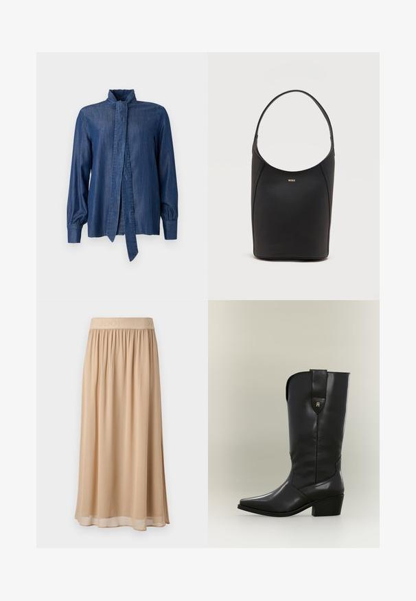 JOOP! ULLA - Skjortebluser - dark blue; Beige midi-nederdel med bred elastisk talje med mærkenavn. Blødt, flydende materiale med glat tekstur og enkelt design.; Høj sort læder cowboystøvle med spids tå, kraftig hæl og trækstrop med lille gyldent logo.; Sort læder bucket taske med én skulderrem og lille guldfarvet BOSS-logo centreret tæt på toppen foran.