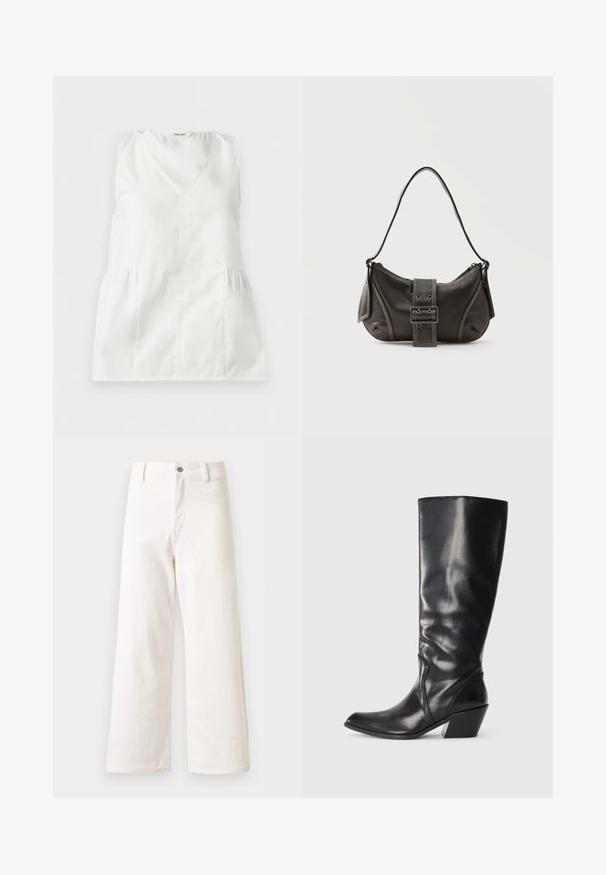 Blouse blanche sans manches à col en V avec de légers fronces sur les côtés, posée à plat sur un fond blanc.; Pantalon en denim blanc à taille haute et jambes larges, fermeture devant par bouton et zip, passants pour ceinture, sans poches visibles.; Botte en cuir noir montante jusqu'au genou avec un bout pointu, un talon angulaire et une texture lisse. Présente une subtile couture sur le côté.; Sac à épaule en cuir noir avec une sangle à boucle, des bords arrondis et des coutures blanches contrastées sur un fond uni.