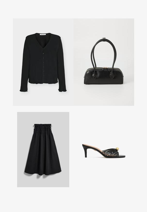 Cardigan noir à manches longues boutonné avec col en V et poignets et ourlet légèrement froncés, présenté sur un fond clair uni.; Jupe midi noire avec taille élastiquée froncée et cordons noués des deux côtés, présentée à plat sur fond gris.; Sandale noire à talon avec un design à brides et un accent rond en or. Le talon est fin et mesure environ 7,5 centimètres de hauteur.; Sac à main en cuir noir avec deux anses allongées, fermeture éclair et forme arrondie ; texture lisse avec une finition légèrement brillante.