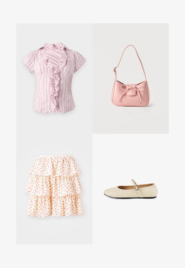Blouse rose à manches courtes avec des rayures verticales foncées et un col volanté devant, présentée sur fond blanc.; Jupe à volants en tissu crème clair avec des pois rouges. Elle présente trois couches de volants au bas et une taille élastique.; Chaussure Mary Jane en cuir beige avec un bout pointu, une semelle plate et une seule sangle ajustable avec boucle en métal. Texture lisse.; Petit sac bandoulière rose pastel avec sangle réglable et détail nœud à l'avant avec extrémités dorées sur un fond uni.