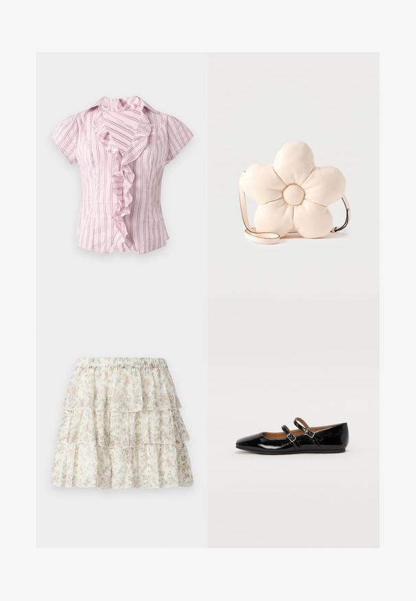 Blouse rose à manches courtes avec des rayures verticales foncées et un col volanté devant, présentée sur fond blanc.; Jupe blanche avec un design en couches et volants. Présente un motif floral délicat en rose et vert. Taille élastique pour plus de confort.; Ballerine plate en cuir verni noir avec un bout pointu, deux brides ajustables avec boucles, et une semelle plate. Texture lisse avec une finition brillante.; Sac bandoulière en cuir couleur crème en forme de grande fleur à cinq pétales rembourrés, avec une fine sangle réglable.