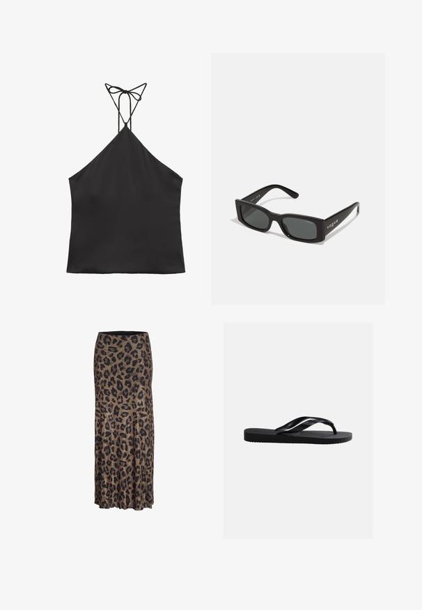 Zwart mouwloos haltertopje met dunne bandjes die aan de achterkant tot een strik zijn gebonden en een rechte zoom.; Leopardprint rok in bruin en zwart, met een vloeiende vormgeving en een subtiele ruffle zoom, gemaakt van lichte, zachte stof.; Zwarte rubberen flip-flopsandaal met gestructureerde zool en gladde bandjes, zijaanzicht tegen een effen lichtgrijze achtergrond.; Zwarte rechthoekige zonnebril met donkere lenzen. Heeft een soepel plastic montuur en "vogue"-branding op de pootjes.