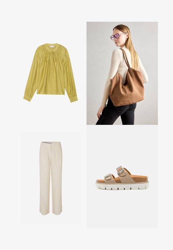Long-sleeve blouse in light yellow with textured check pattern, pleated neckline, tie closure, and button details down the front.; Beige linen trousers with a straight leg design, featuring a smooth texture and slight sheen. Includes waistband and discreet front pockets.; Beige slide sandals featuring two adjustable straps, cork midsole, and white rubber outsole with a textured pattern.; Brown suede tote bag with soft texture, large opening, and long straps. Features a simple design with visible stitching and no hardware.