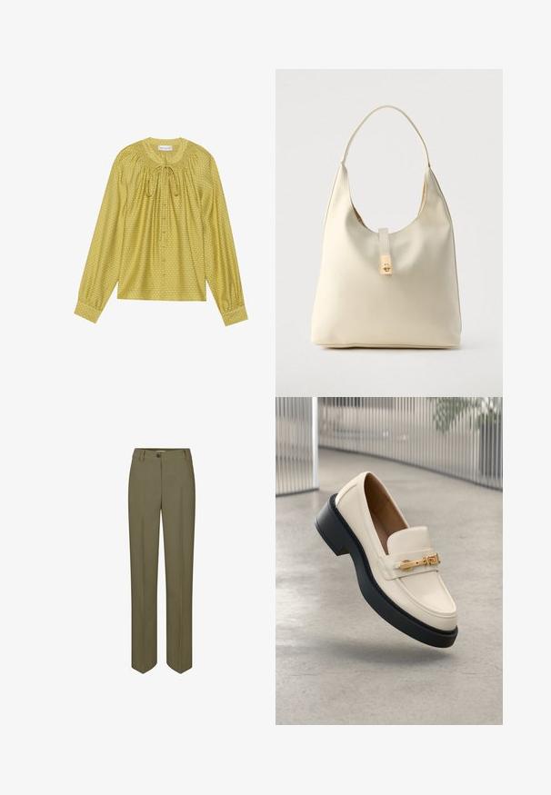 Blouse à manches longues en jaune clair avec un motif à carreaux texturé, encolure plissée, fermeture à nouer et détails de boutons sur le devant.; Pantalons ajustés vert olive avec une jambe droite, fermeture à un bouton et deux plis avant, présentant une texture lisse et tissée.; Mocassin couleur crème avec semelle noire et détail de boucle dorée, positionné en angle vers le haut sur un fond de sol en béton gris clair.; Sac hobo en cuir couleur crème avec une seule bandoulière, texture lisse et un détail de fermoir doré à l'avant.