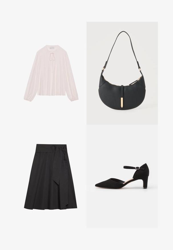 Lyserød bluse med lange ærmer, nøglehul-krave, plisseret front og samlede manchetter. Glat stof, afslappet pasform og minimalistisk design.; Sort omslagskjørt med en bred talje og sløjfedetalje. Fremstillet af glat stof, har det en udflaret silhuet og knælang længde.; Sort ruskinds pumps med spids tå, ankelrem med cirkulær spænde og en lav blokhæl. Glat tekstur og minimalistisk design.; Sort håndtaske formet som en halvmåne med en enkelt rem, guld lynlås og en guldfarvet rektangulær dekorativ fane foran.