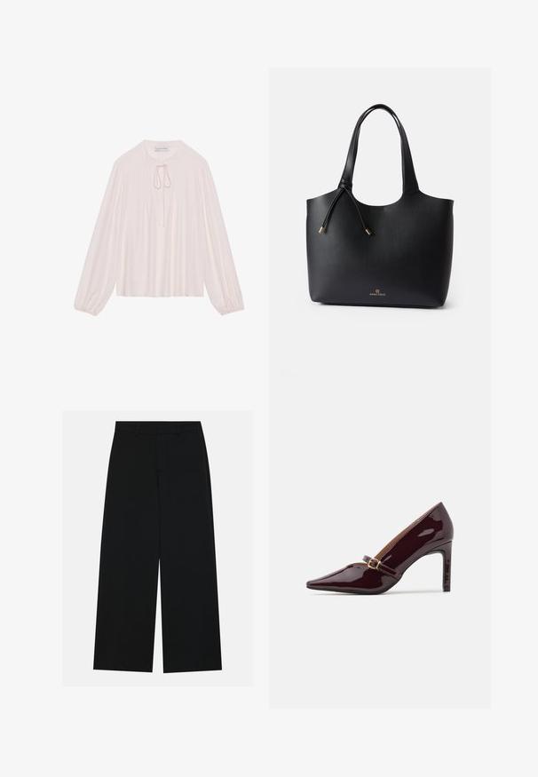 Lyserød bluse med lange ærmer, nøglehul-krave, plisseret front og samlede manchetter. Glat stof, afslappet pasform og minimalistisk design.; Breddebenede sorte bukser lavet af et glat stof. Har en flad talje med bæltestropper og ingen synlige lommer. Simpelt design.; Patenteret bordeaux højhælet sko med spidse tæer, ankelrem med guldhardware og en slank, poleret finish. Hævet stilettohæl.; Sorte læder tote bag med glat tekstur, åben top, to skulderremme og et diskret guldlogo i bunden. Har en snørelukning.